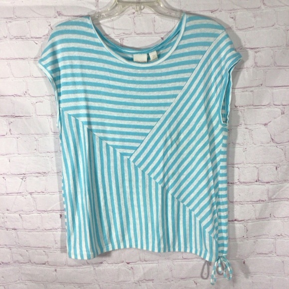Chico’s Blue and White Striped Short Sleeve Top - Size 2 - Picture 1 of 5